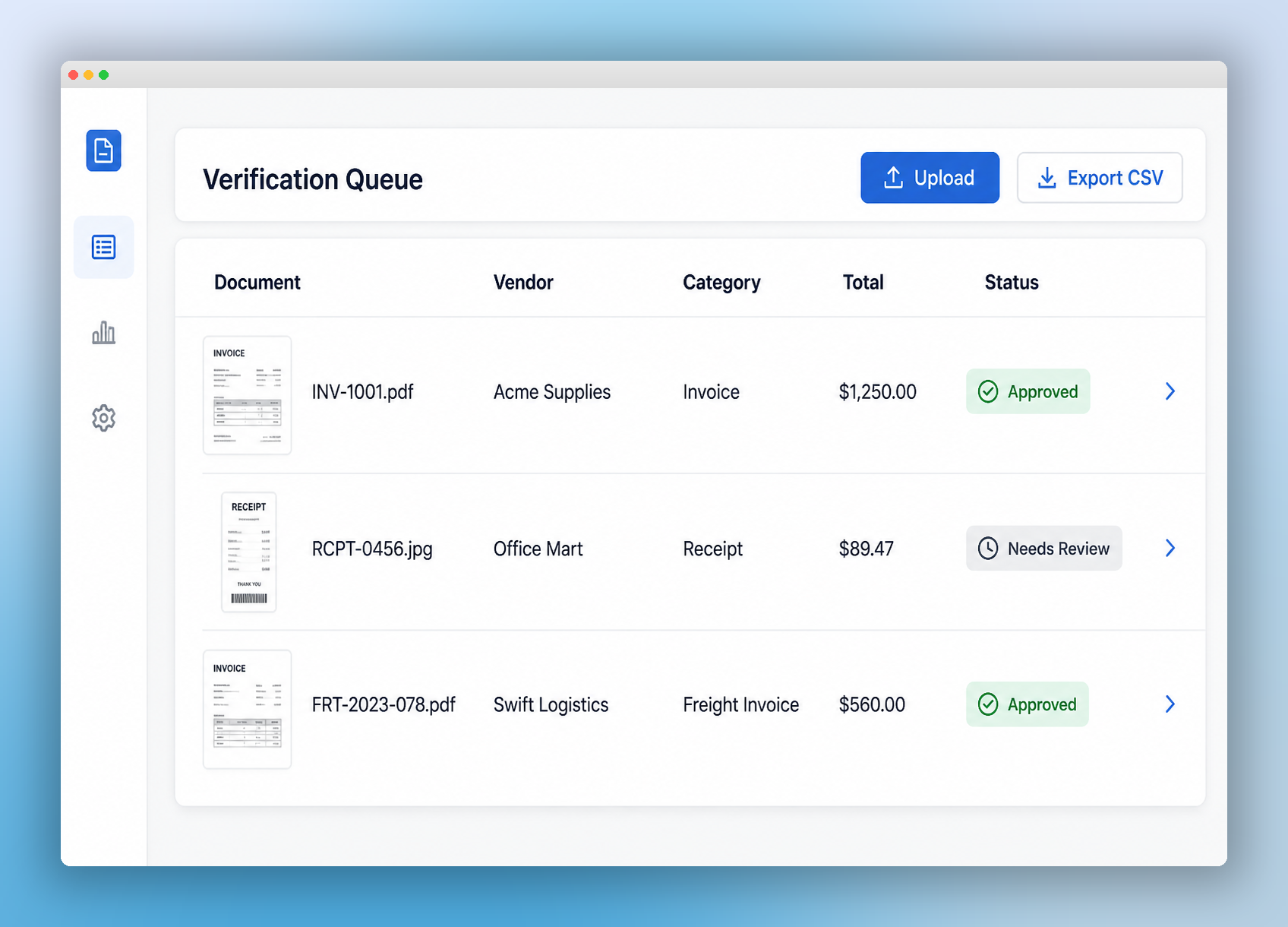 LedgerFlow verification queue showing approved and needs-review documents