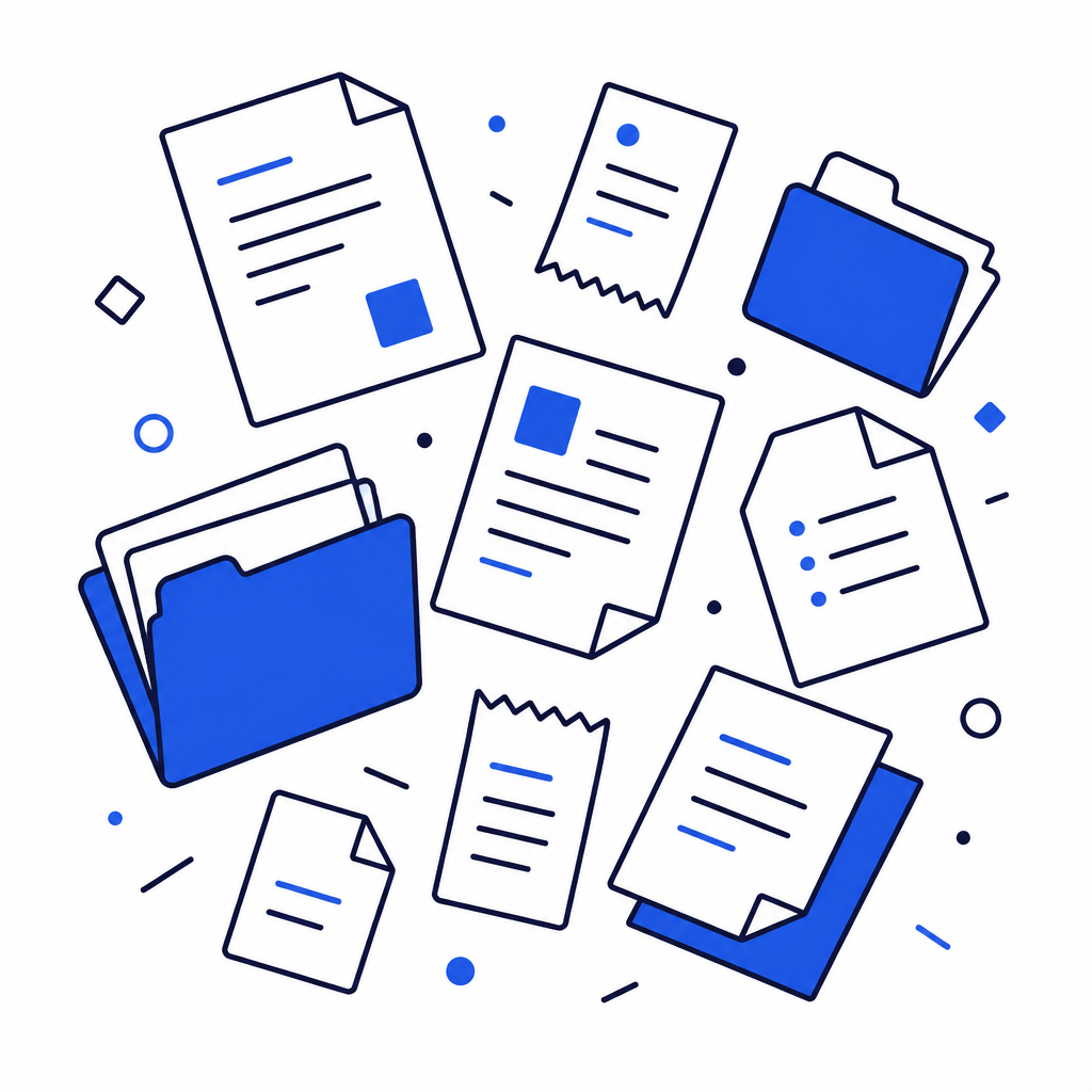 Documents and receipts scattered across folders and messages