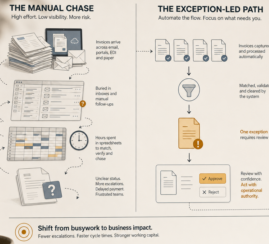 Infographic comparing The Manual Chase (scattered invoices, spreadsheets and delayed status) with The Exception-Led Path (automated capture, system validation, and one-touch approve or reject).